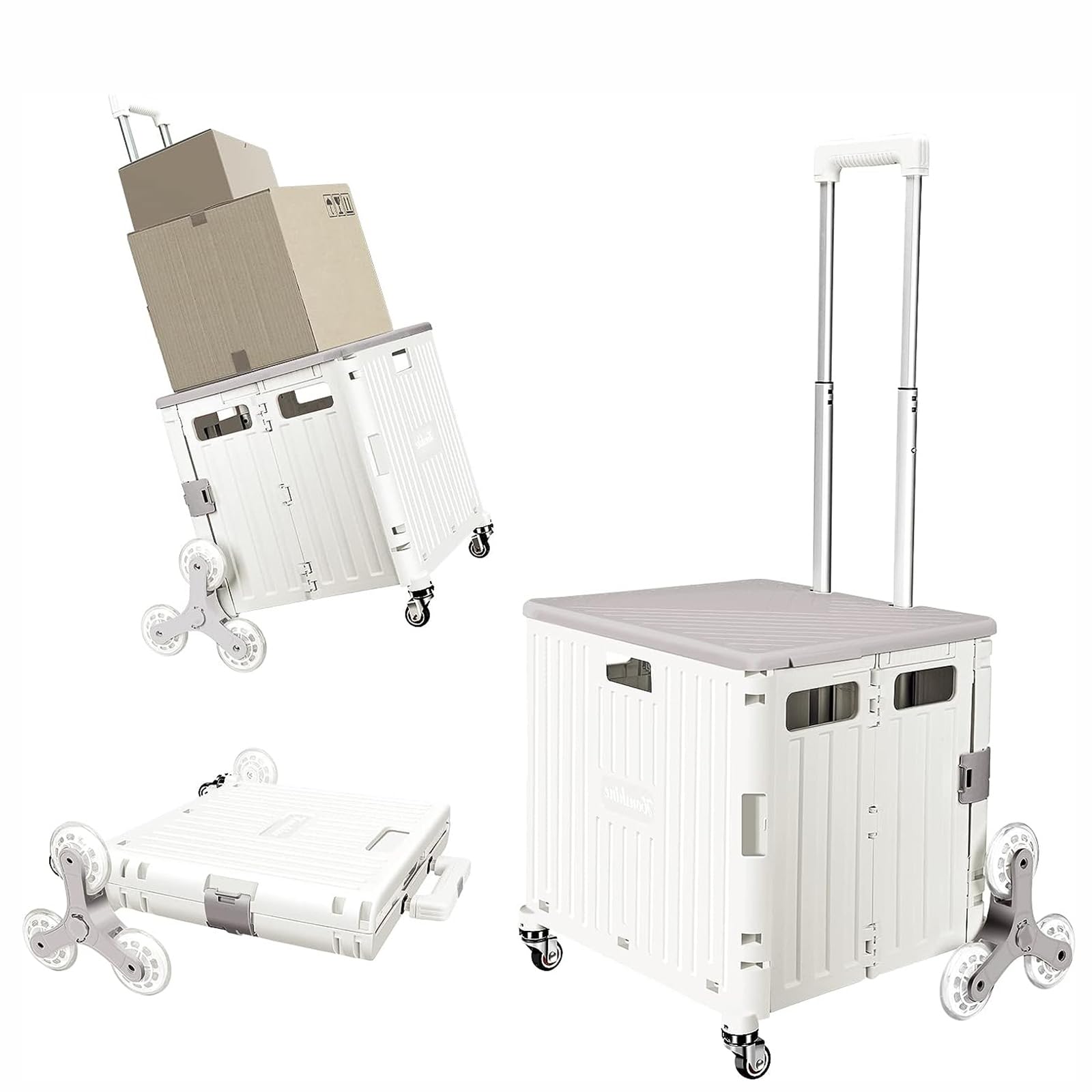 ANTOLE Foldable Cart with Stair Climbing Wheels,Collapsible Rolling Crate with Telescoping Handle,Handcart for Grocery Book File Tool Art Supplies (Grayish White 45L)