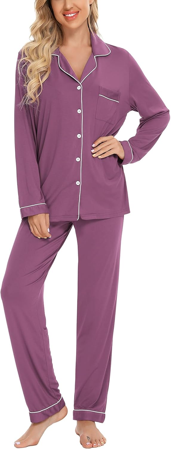 Leikar Button Up Pajama Set For Women Long Sleeve Shirt And Pajama Pants Soft Pjs Lounge Sets - Image 2