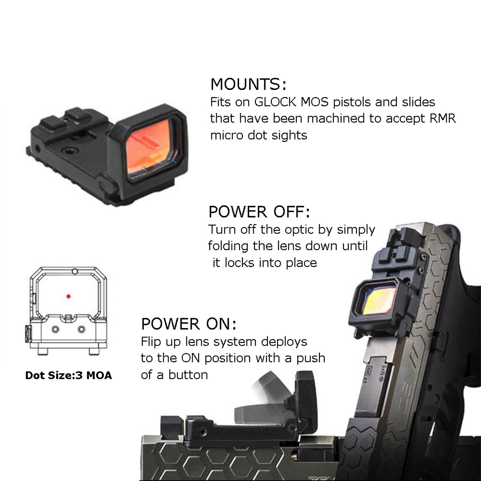 Flip Up Red Dot Pistol Sight Reflex Sight RMR Scope Mount for MOS Glock