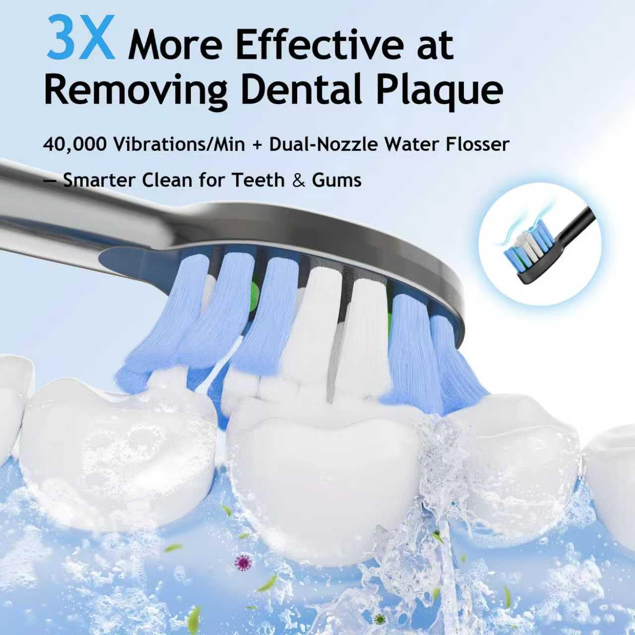 Pinkart Cepillo de dientes eléctrico portátil con hilo dental para adultos, 8 cabezales de cepillo, 1 punta de hilo dental, 1 raspador de lengua, 1 manguera, 1 tanque de agua, ideal para viajes y