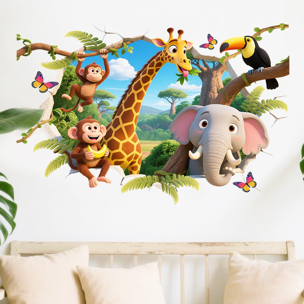 beinkmake 2pcs Jungle Animal Wall Stickers 3D Effect Removable Animal Wall Mural Giraffe Monkey Elephant Parrot Wildlife Wall Sticker for Nursery Kindergarten Bedroom 11.8 x 35.4 inches