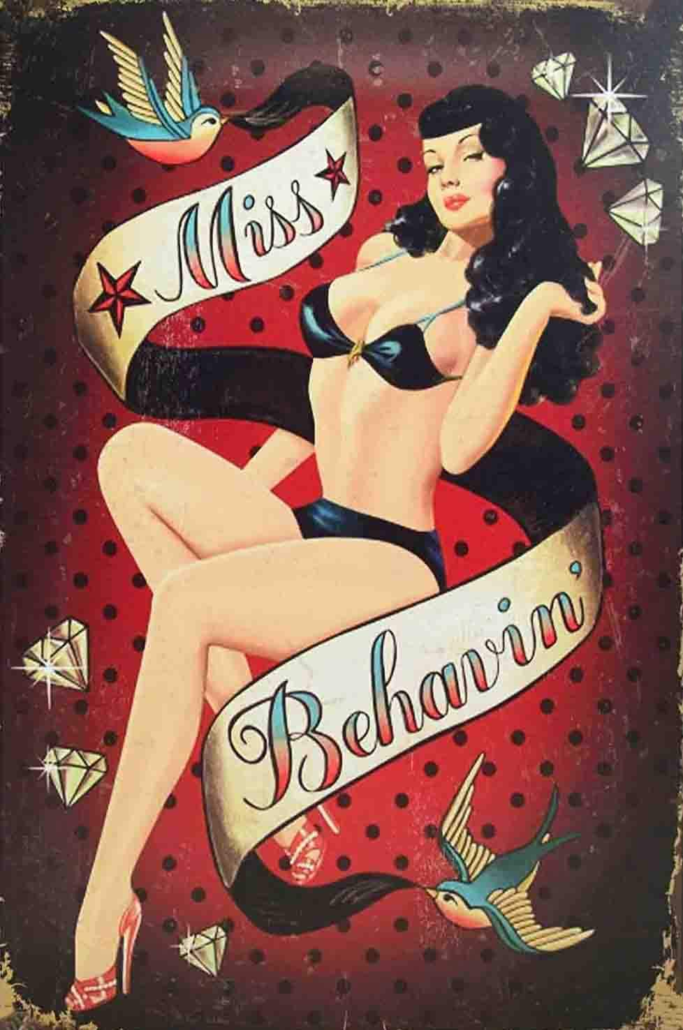 Bioprocess Girls Miss Behavin Retro Metal Tin Sign Homewares Decor Vintage Pin Up Tattoo Metal Tin Sign Tin Sign 8X12 Inches
