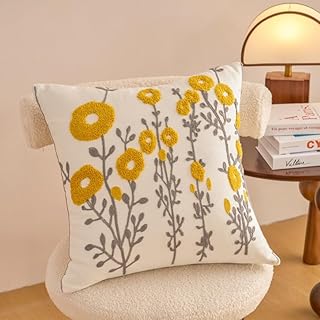 Boho Floral Throw Pillow Cover Fall Decorative Pillowcase 18x18 Embroidered Cushion for Home Living Room Farmhouse Couch Sofa Picnic