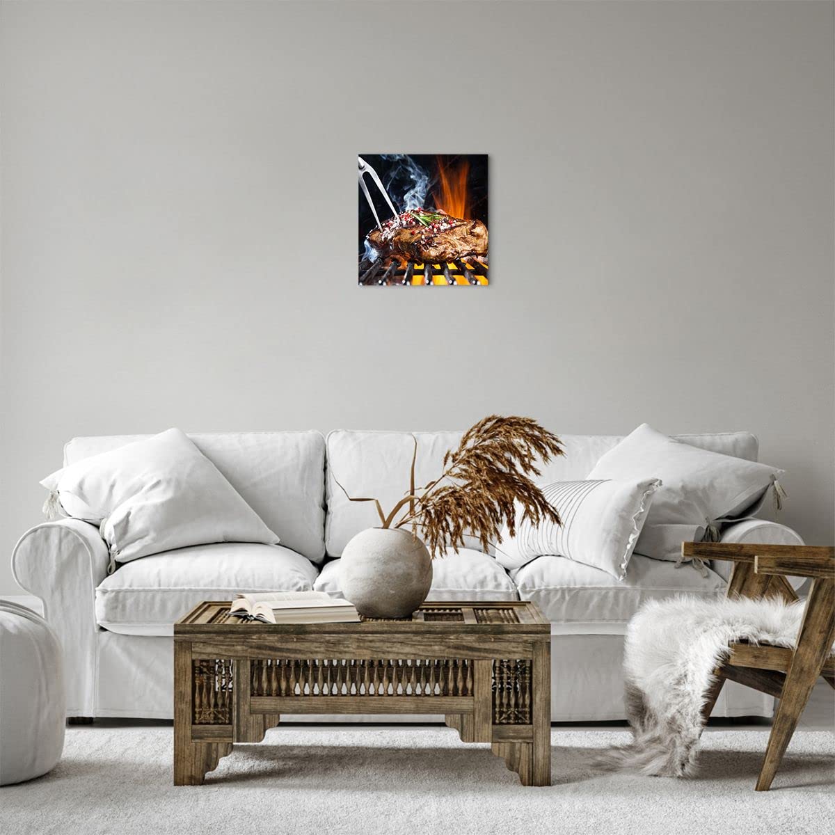 Tableau Sur Toile Steak Grill Flames – Décoration Murale Moderne Gastronomie 120x80 Cm Horizontal