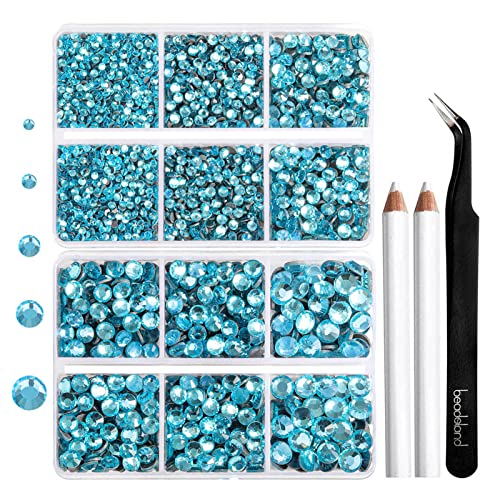 Image of 6736pcs Hotfix Rhinestones Flatback,Blue Rhinestones for Crafts Clothes Mixed 5 Sizes, Hotfix Crystals with Tweezers and Wax Pencil Kit, SS6-SS30,Aquamarine
