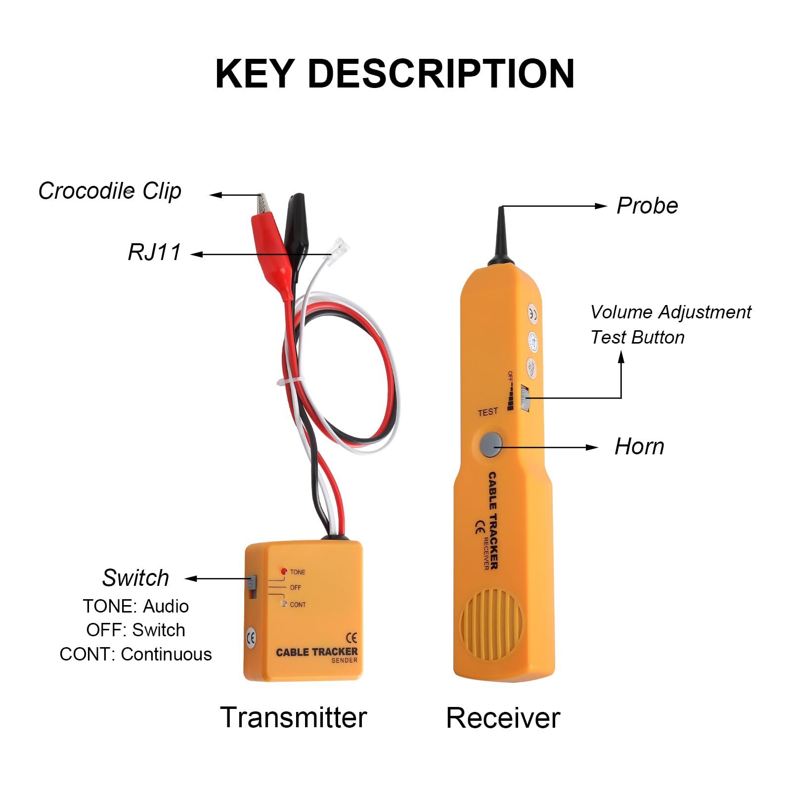 Tracker kablowy, baterie nie wchodzą w zakres dostawy, RJ11 tracer kablowy, antyzakłóceniowy, wielofunkcyjny, regulowana głośność, tester sieci z generatorem dźwięku i zestawem próbnym do wyszukiwania