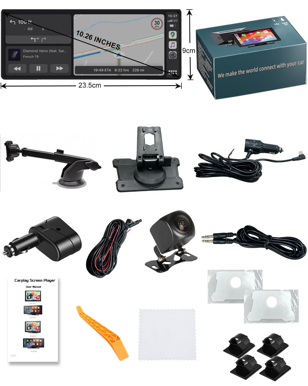 Pantalla Coche, 10.26" Pantalla Carplay Coche para Apple y Android con Cámara Trasera y Delantera HD 1080P, Navegación GPS, Sonido Premium, Control por Voz, Encendedor de Coche de Doble Puerto, AUX