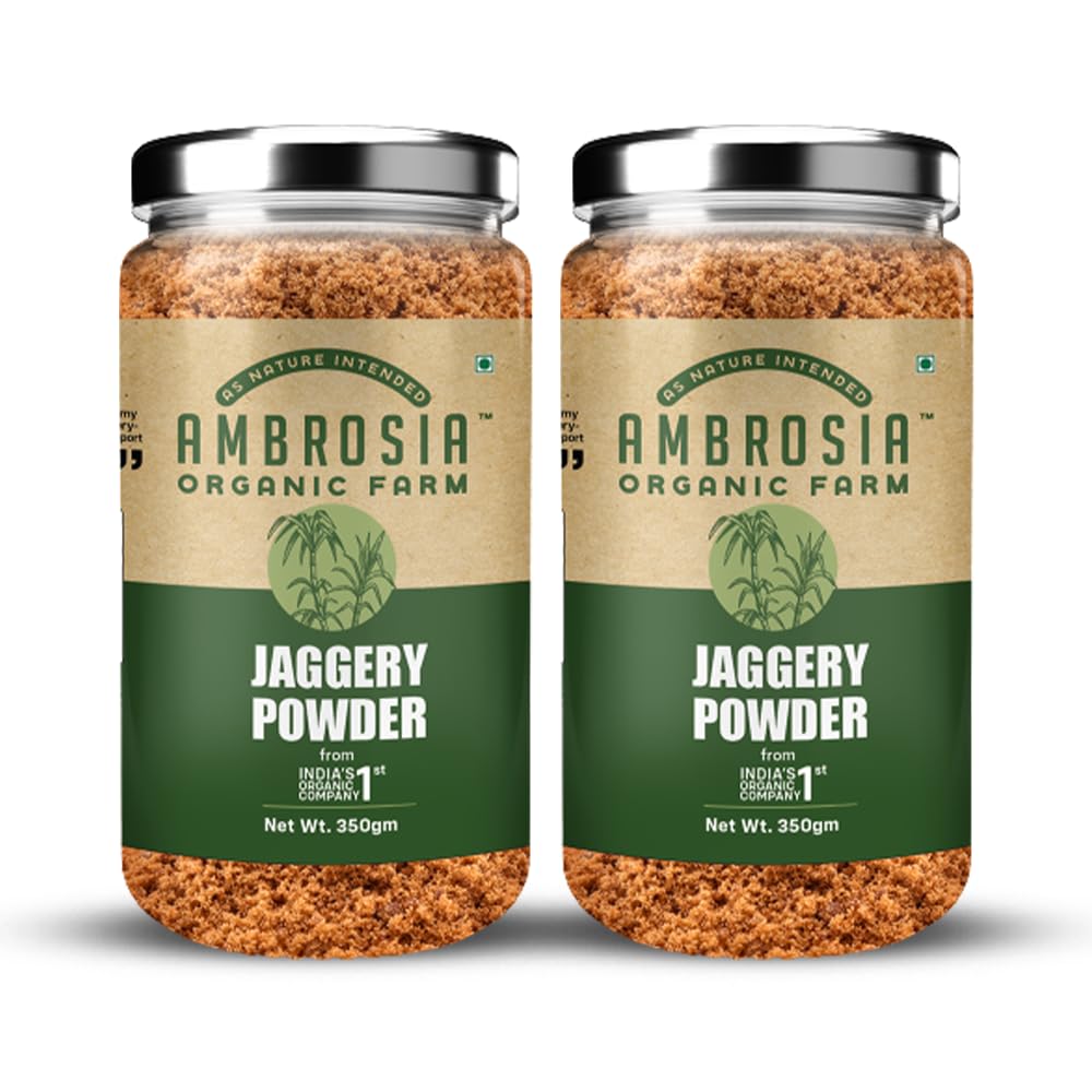 Ambrosia Organic Farm Jaggery Powder: Embrace Pure Sweetness and Enhanced Wellbeing -Gud Everyday Use Natural, Nutrient-rich, and the Ultimate Healthy Choice| Must Have Grocery Item. 350g (Pack of 2)