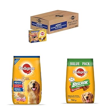 Pedigree Wet Dog Food, Chicken & Liver Chunks in Gravy Flavour, Pack of 90 & Dry Food for Adult Dogs, Chicken & Vegetables Flavour, 15kg Pack & Biscrok Biscuits Treats, Lamb Flavour, 900g