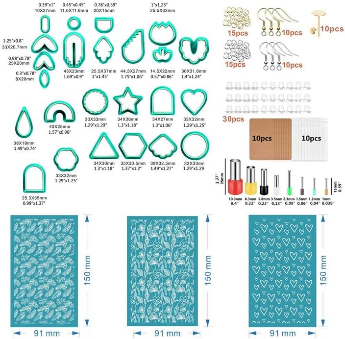 Silk Screen Stencils for Polymer Clay,145Pcs Polymer Clay Cutters Set Include 3 Reusable Silk Screens Printing Kit 24 Clay Earring Cutters with 118 Earrings Accessories for Polymer Clay Jewelry Making