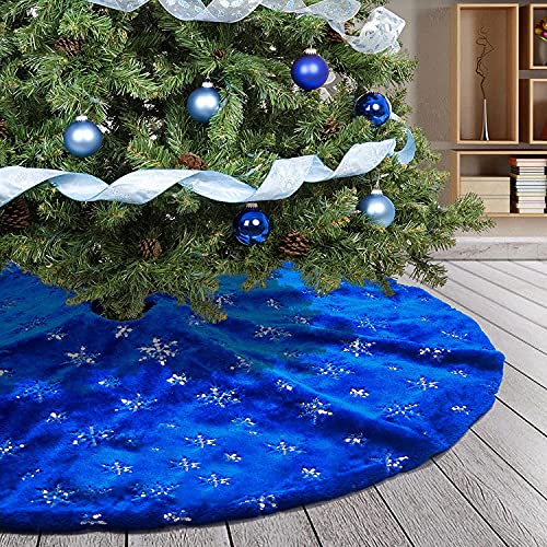 Blue Christmas Tree Skirt Plush 30 inches Dark Blue Fur Christmas Tree Skirt with Silver Sequin Snowflake Xmas Tree Skirt Mat for New Year Holiday Christmas Day Decorations (Blue-S, 78cm)
