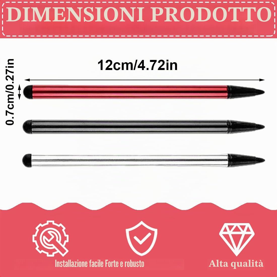 Confezione da 3 Penne Touch Screen Capacitiva Universale 2 in 1 per Tablet