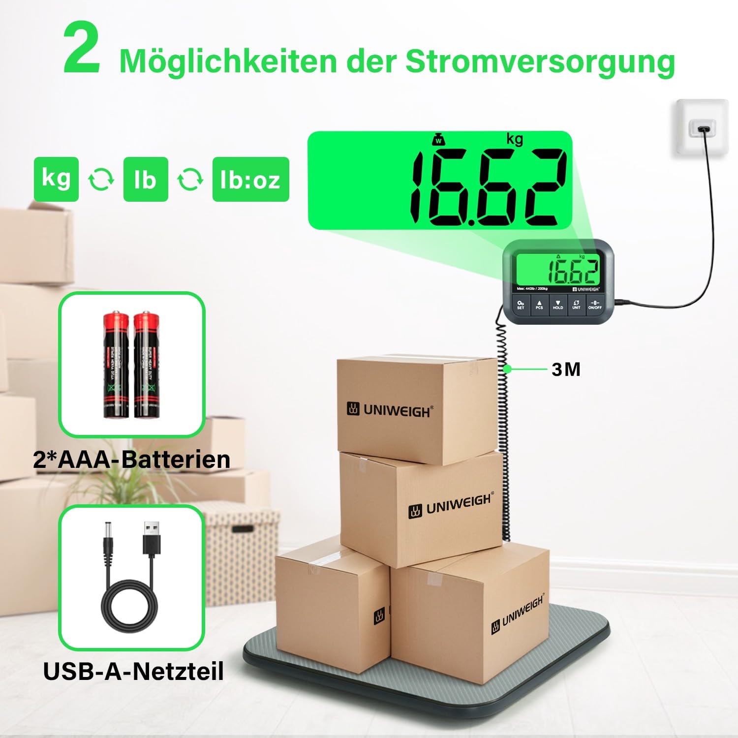 UNIWEIGH Digitale Paketwaage 440lb,Hochpräzise 0,35oz Postwaage für Pakete mit Halten/Tarieren/Zählen,Kommerzielle Paketwaage für Kleinunternehmen,Portowaage für Versandpakete/Gepäck,Grau