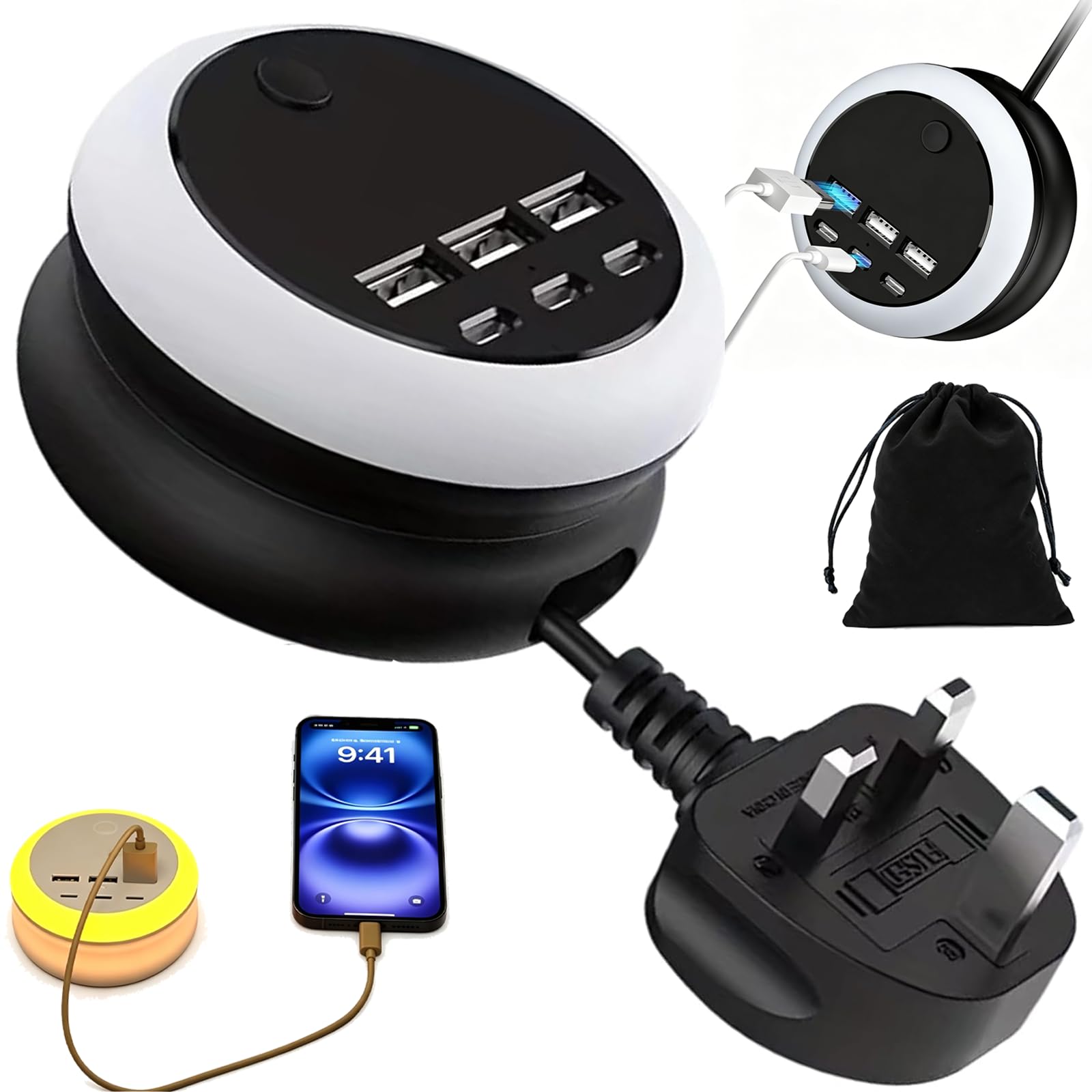 Ultimate 7-in-1 Versenkbare USB Ladestation mit 8-Farben Stimmungslicht, 3 USB + 3 Type-C Steckdosen-Erweiterung, Tragbarer Power Hub für iPhone, Android, iPad & Switch, Reise-Essentials (Black)