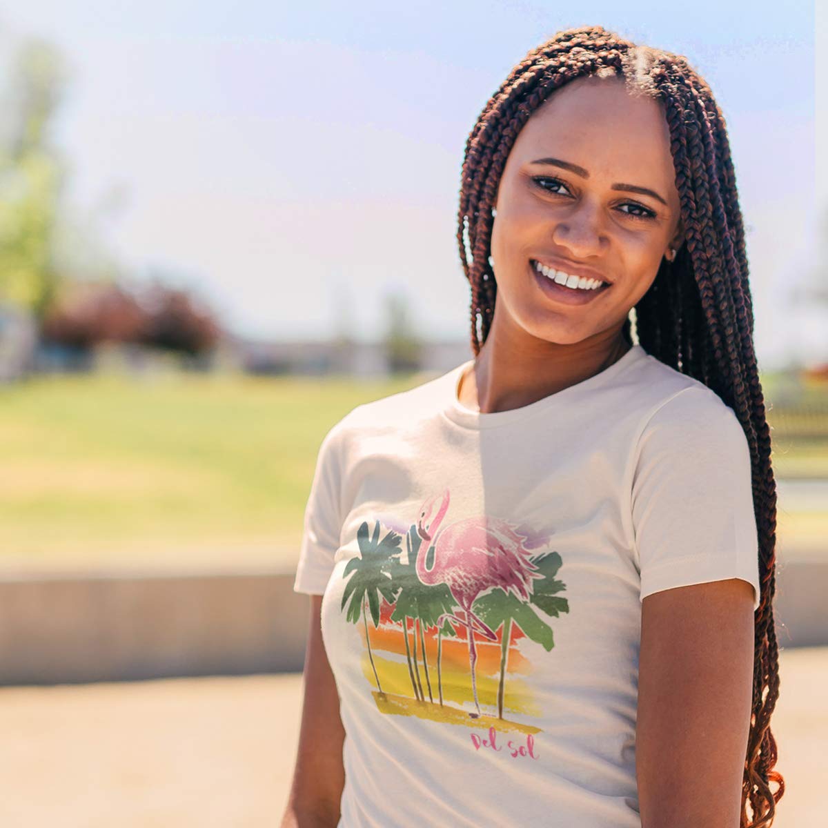 Del Sol Damska koszulka chłopięca - akwarela flaming, naturalny T-shirt - zmienia się z różowego i czarnego na żywe kolory na słońcu - 100% czesana, bawełna ring-spun, cienka koszulka - rozmiar S