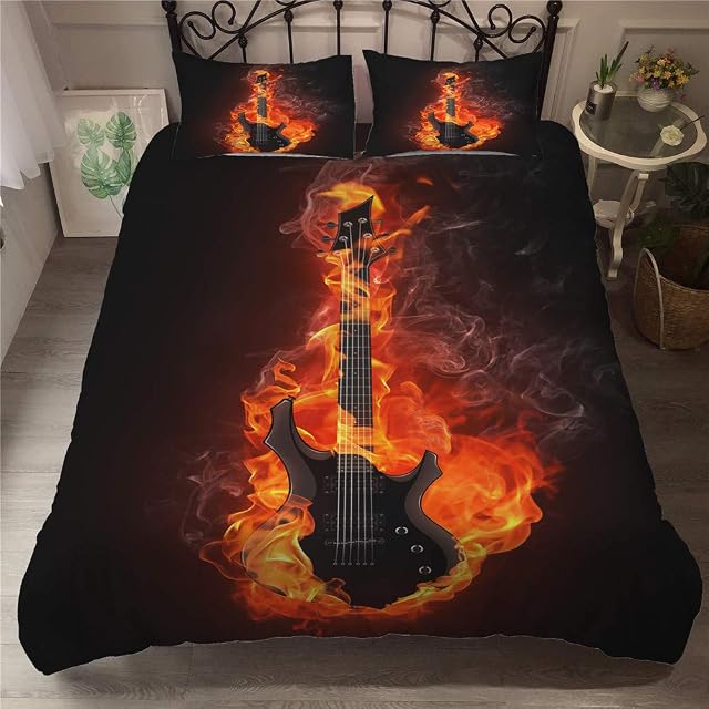 Duvet Cover Set for Single Double Super King Size Bed, Morbuy 3D Guitar Printed Microfiber Bedding Sets Duvet Set with Pillowcases and Quilt case (Single-135x200cm -2pcs,Combustion)