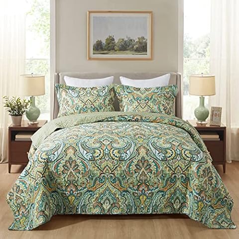 NEWLAKE Cotton Bedspread Quilt Sets-Reversible Patchwork Coverlet Set, European Green Floral Pattern, Queen Size Cover