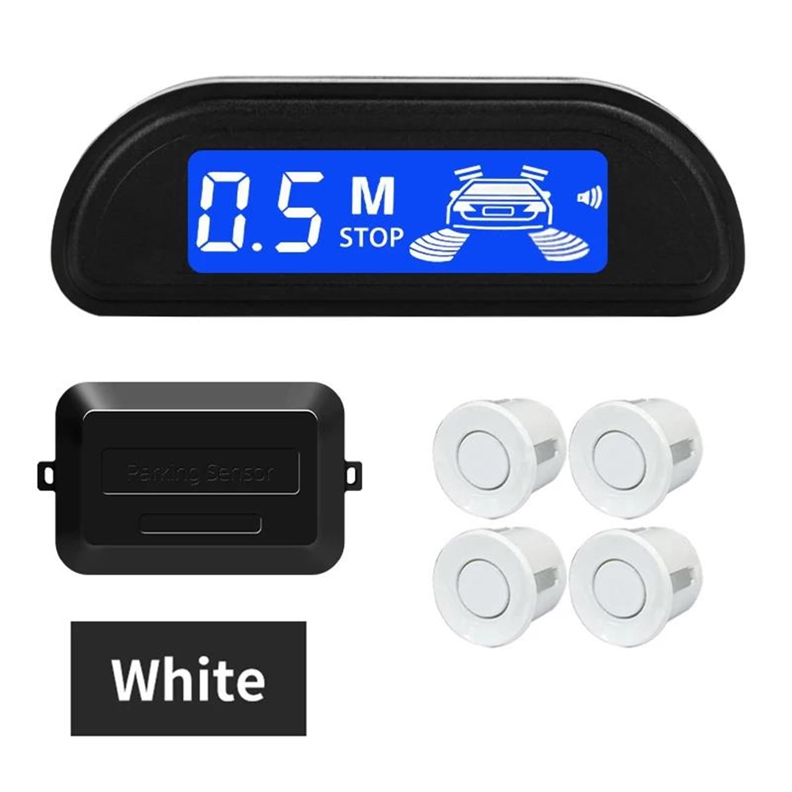 Sensores De Aparcamiento Kit Sensor Aparcamiento con Monitor Marcha Atrás Parktronic 22 Mm 4 Sensores Detector Radar Pantalla Retroiluminada Sensor De Estacionamiento(Blanco)