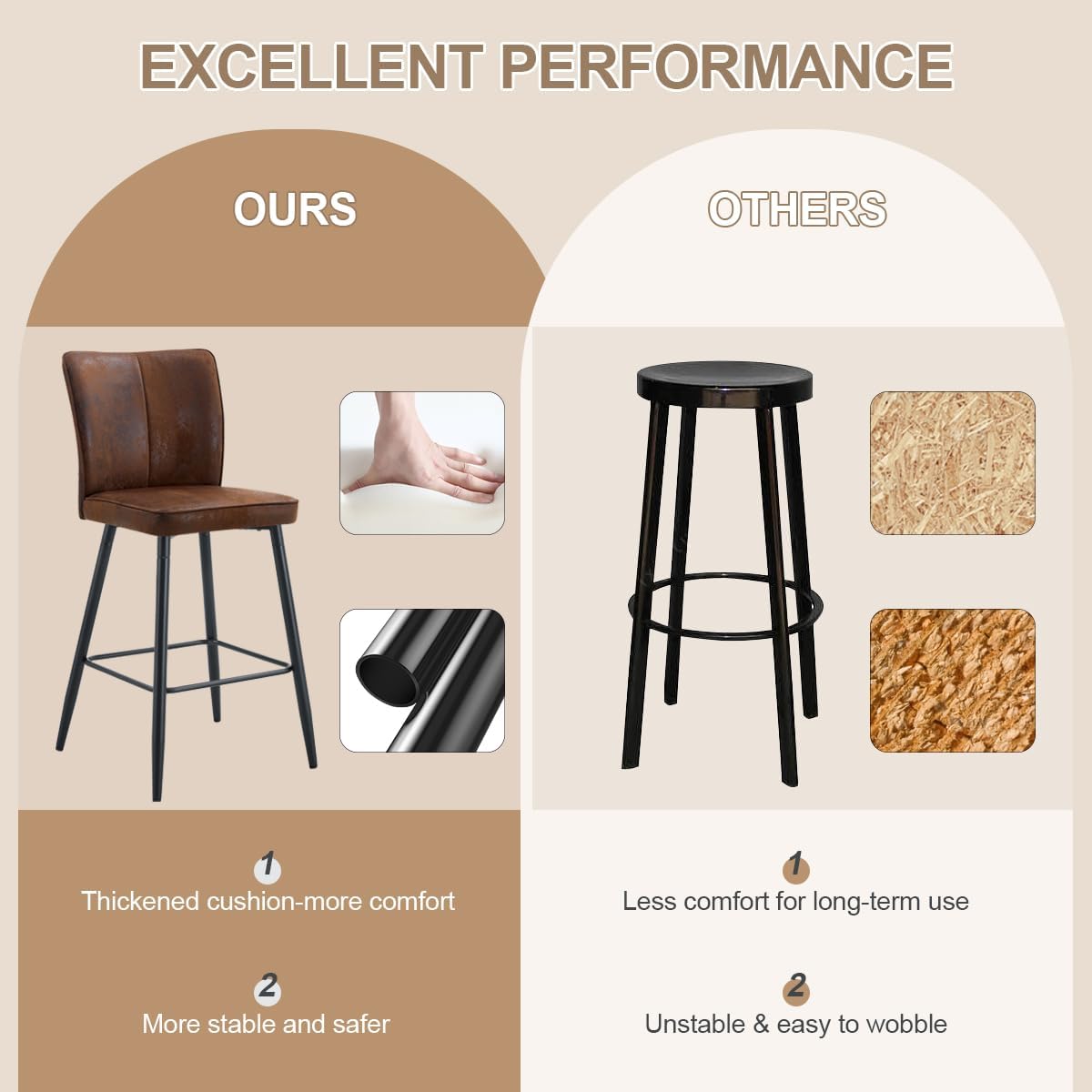 Counter Height Bar Stools Set of 4,27''Kitchen Island Stools with Back,Brown Barstools with Sturdy Metal Legs,Modern Bar Stools Ideal for Kitchen Island Pub Cafe(Fabric-Brown)