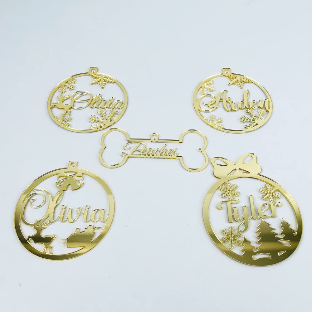 Palla di fiocchi di neve di Natale personalizzata Ornamenti regalo personalizzati Nomi diversi Palline Decorazione albero di Natale Specchio Etichette dorate-specchio oro 1,5 pezzi