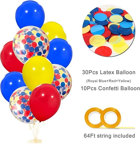 Miniatura 3 de Paquete de 40 globos de látex de 12 pulgadas, color rojo, amarillo y azul rey con globo de confeti para baby shower, suministros de fiesta de