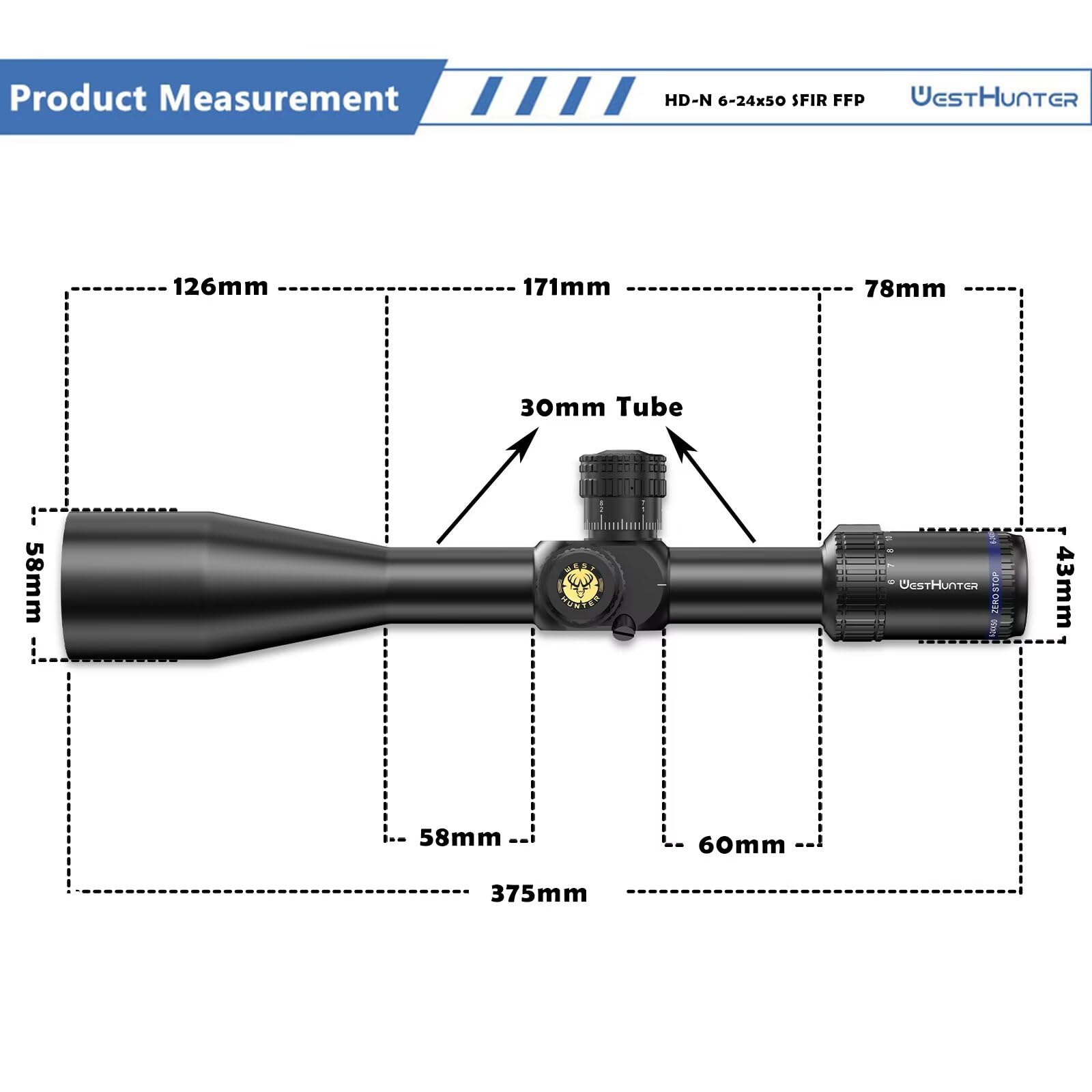 WestHunter HD-N SFIR FFP Zero Stop Mira Telescópica, Tubo 30mm, Primer Plano Focal, Retícula Vidrio Grabado Iluminada, Precisión 1/10 MIL - Indicado Únicamente para Actividades Deportivas