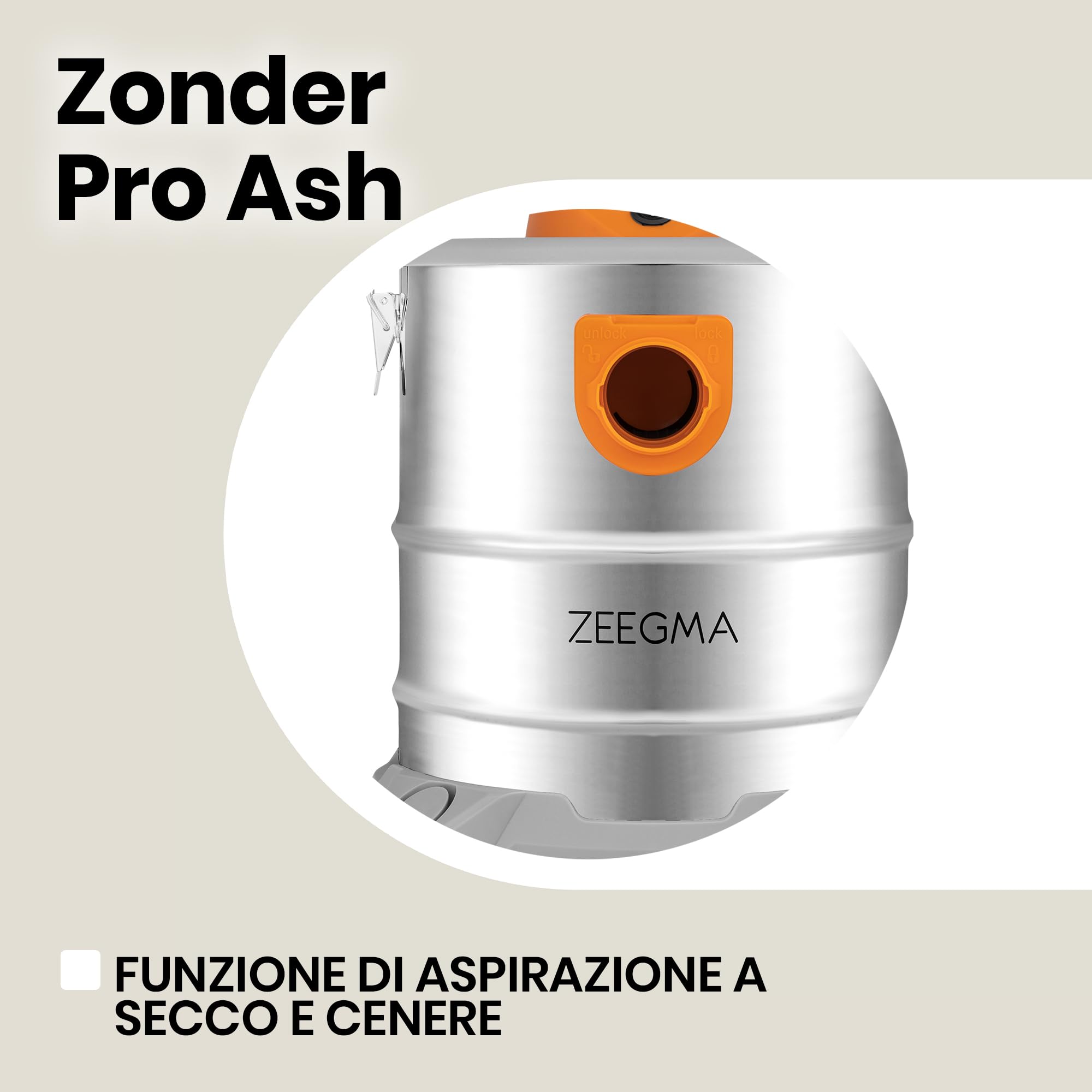 Zeegma ZONDER PRO ASH Aspirapolvere a secco per cenere e detriti, aspirapolvere industriale 1600 W, contenitore in acciaio inox 20 l, filtro HEPA, funzione di scarico cavo 5 m