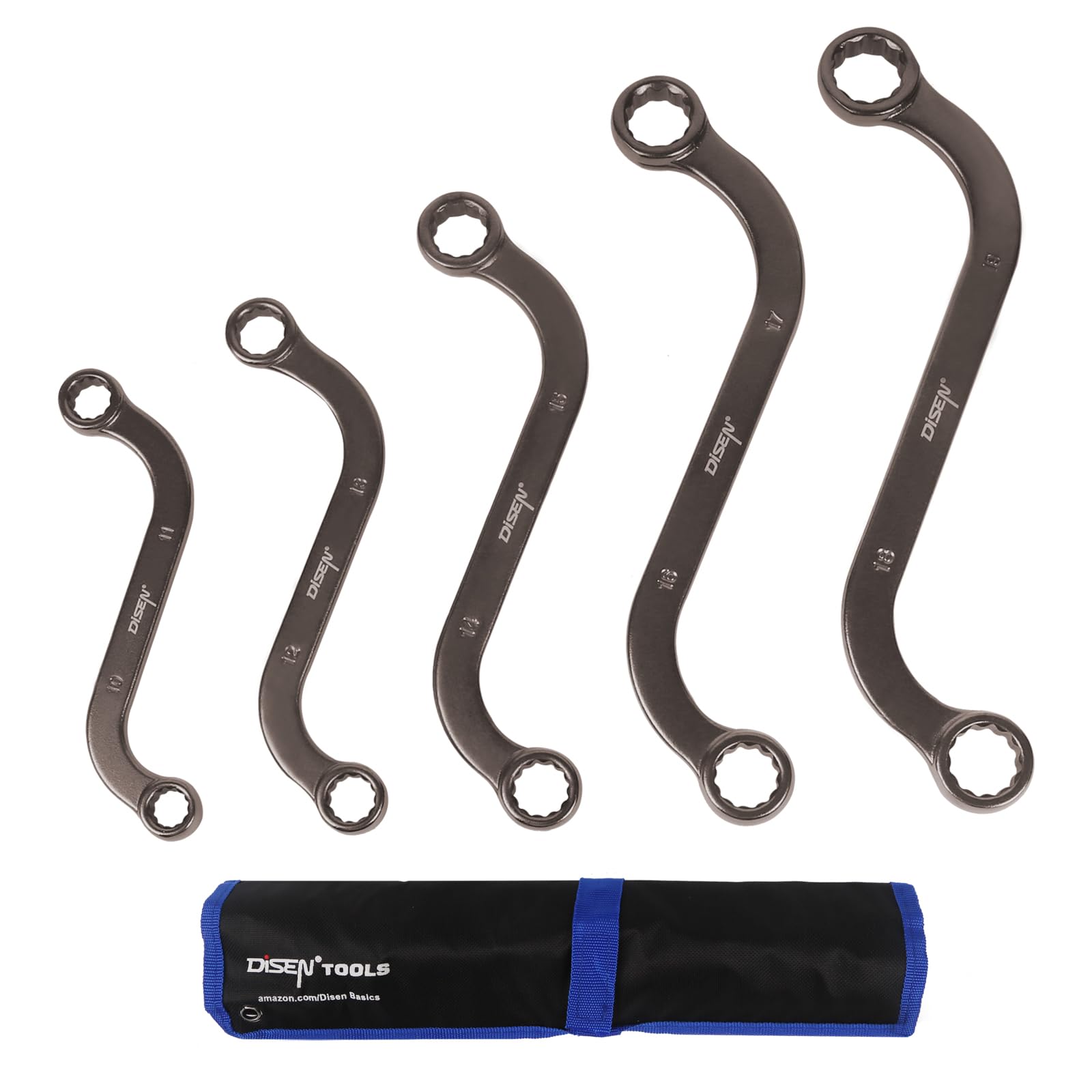 DISEN S-Style Box Wrench Set, Metric, 5-Piece, 10,11,12,13,14,15,16,17,18,19mm, 12 Point, CR-V Steel,Nickel Plating with Organizer Bag