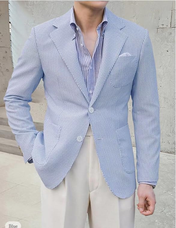VENNYNG Men's Seersucker Suit Jacket Blazer Spring Summer Sport Coat Grooms Slim Fitted Wedding Formal Lightweight2