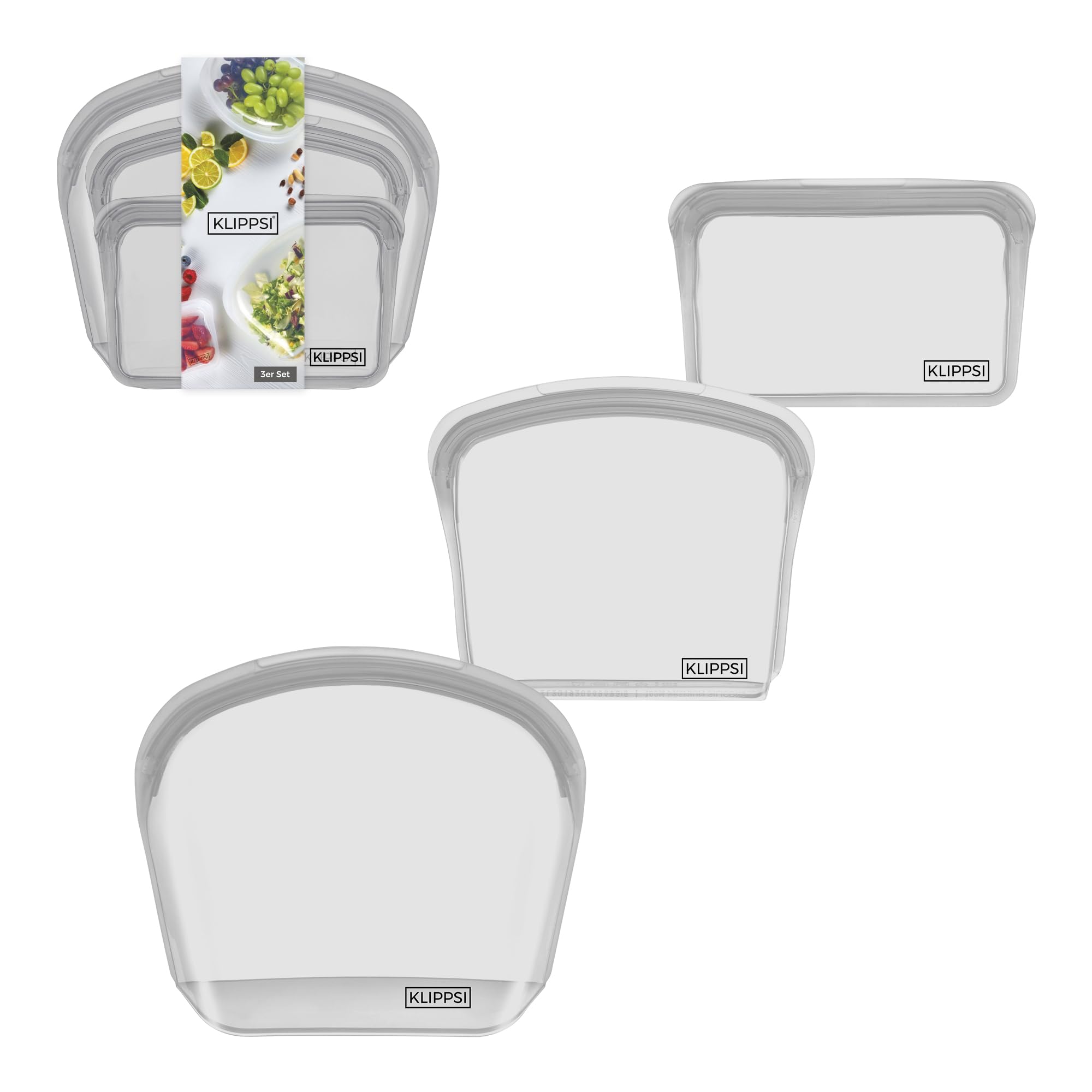Juego de 3 bolsas de silicona reutilizables para congelador, resistentes al calor, resistentes al frío, a prueba de fugas, aptas para lavavajillas (gris)