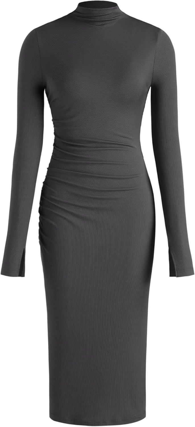 CIDER Long Sleeve Dress for Women High Neck Ribbed Knit Bodycon Ruched Midi Dress Cocktail Party Sweater Solid Dress