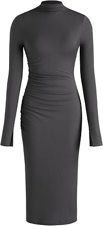 CIDER Long Sleeve Dress for Women High Neck Ribbed Knit Bodycon Ruched Midi Dress Cocktail Party Sweater Solid Dress