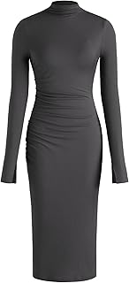 Long Sleeve Dress for Women High Neck Ribbed Knit Bodycon Ruched Midi Dress Cocktail Party Sweater Solid Dress - Buy now