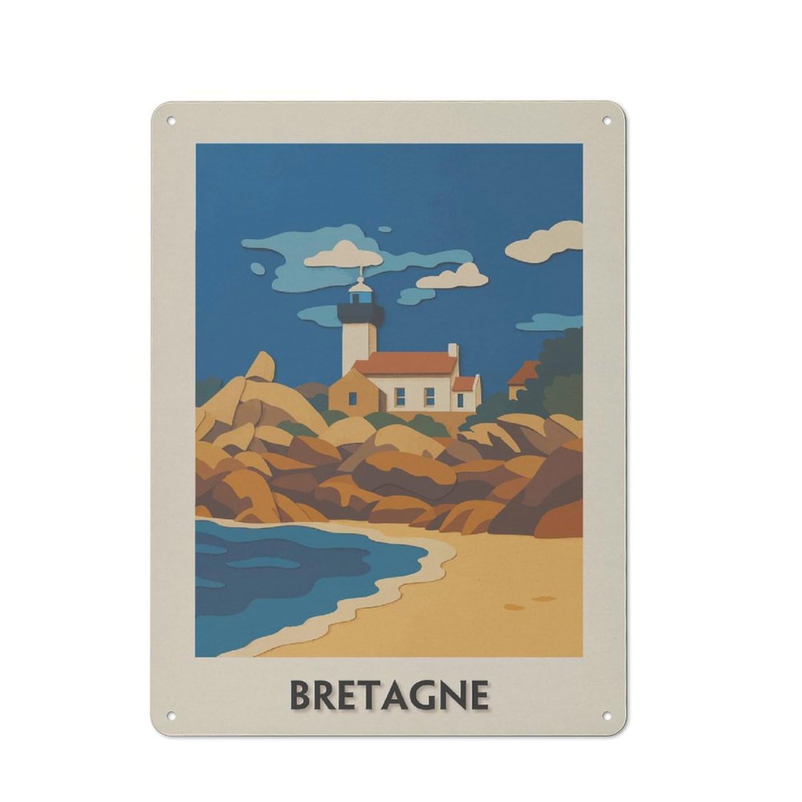 Junmoney Style-8 For Home Office Or Studio, Bretagne Coastal Landscape With Lighthouse Vintage Tin Sign 40X30cm, Tin Sign Wall Decor For Home Offices And Studios
