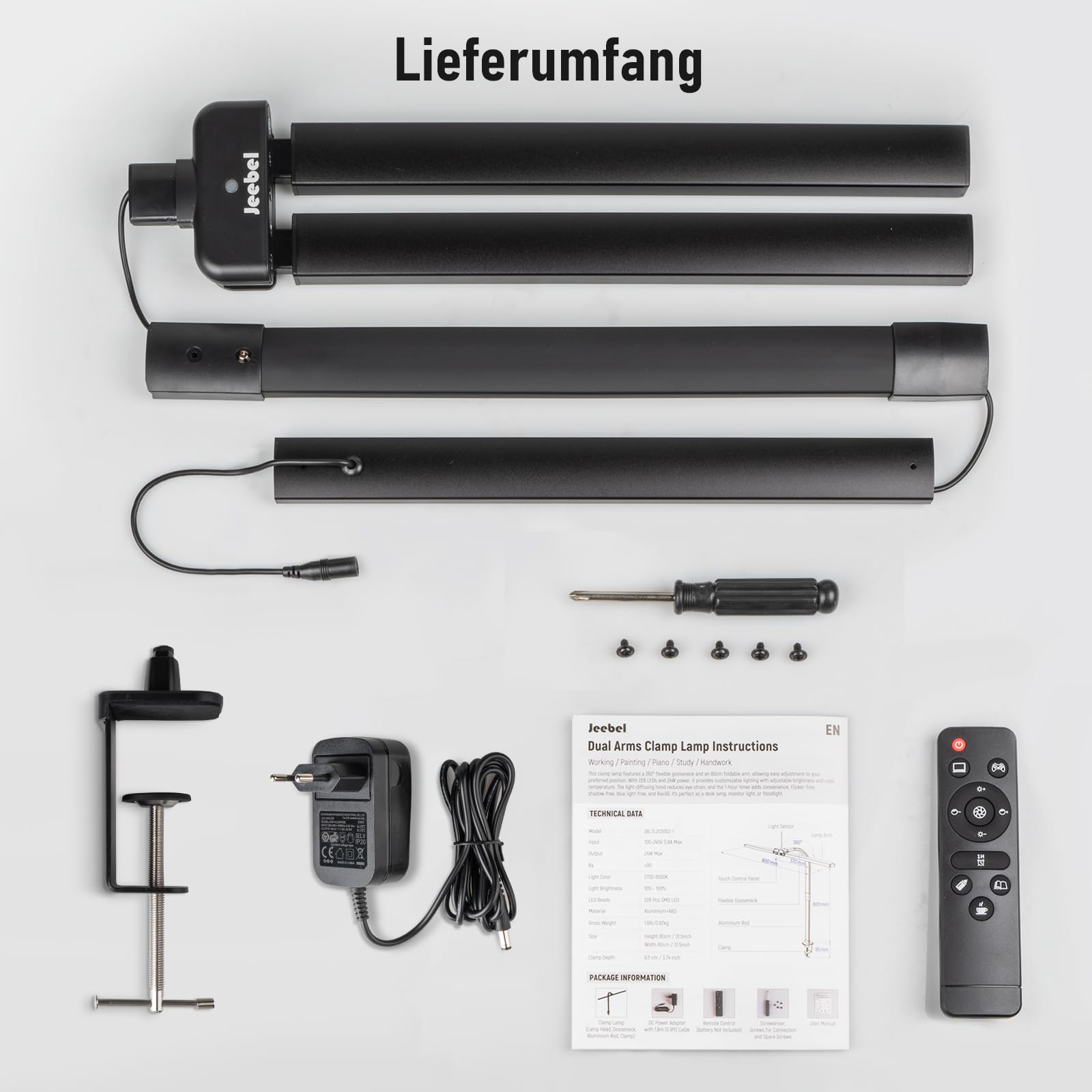 Jeebel LED Schreibtischlampe Dimmbar 24W, 1800LM 80cm Doppelkopf Schreibtisch Lampe mit Fernbedienung, Klemmbar(9,5cm), 10 Farbtemperatur 10 Helligkeitsstufe, Schwanenhals Lampe Tischlampe für Büro