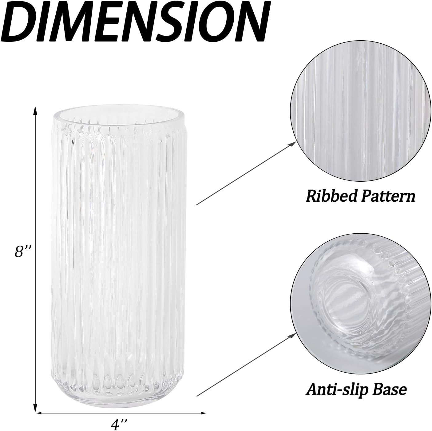 Ribbed Glass Vase, Flower Vases for Bouquet, Clear Glass Vases for Flowers, Modern Ribbed Vase for Living Room, Bathroom, Dining Table, Office, Wedding, Centerpieces, 8 Inches - Image 7