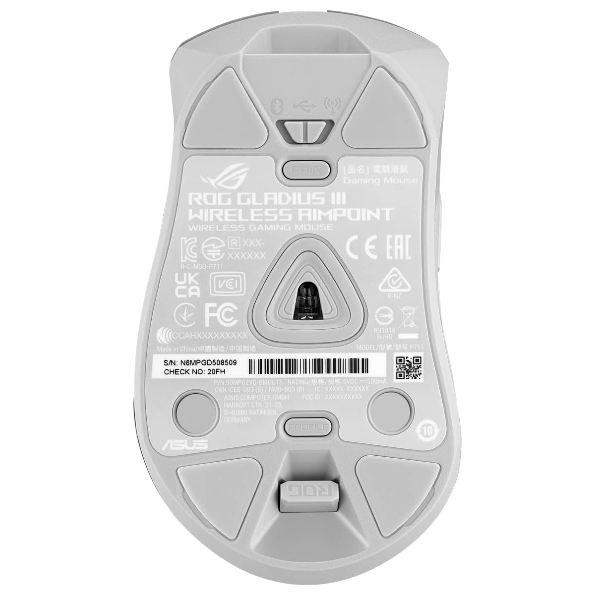 ASUS ROG Gladius III Wireless AimPoint - Ratón Gaming (Conectividad Triple 2.4GHz, Bluetooth, USB, 36000 dpi, 6 Botones programables, ROG SpeedNova, interruptores Intercambiables, Paracord), Blanco