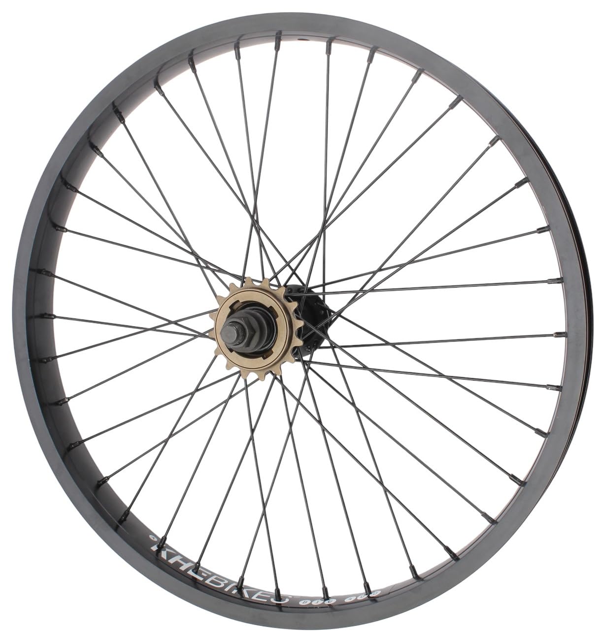 KHE Prism BMX tylne koło 20", czarne, oś 14 mm, zębatka 16T, 36H – 7005, aluminiowa felga 38 mm, rower biegowy BMX z tyłu