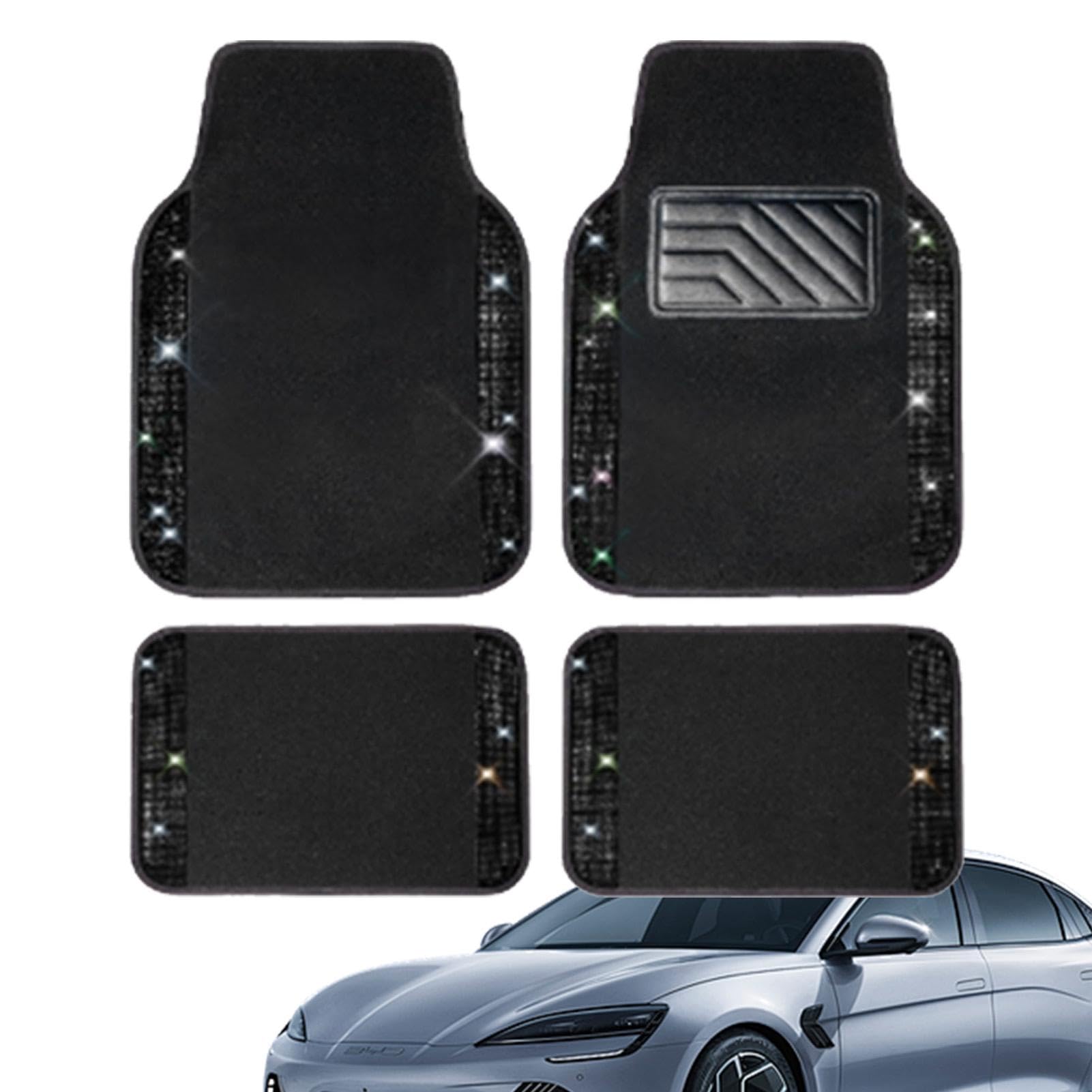 CAR PASS Tappetini per auto con strass luccicanti, con battitacco antiscivolo in PVC, impermeabili, universali, per auto, SUV, berlina, furgoni, ragazze e donne, 4 pezzi, colore: nero argento