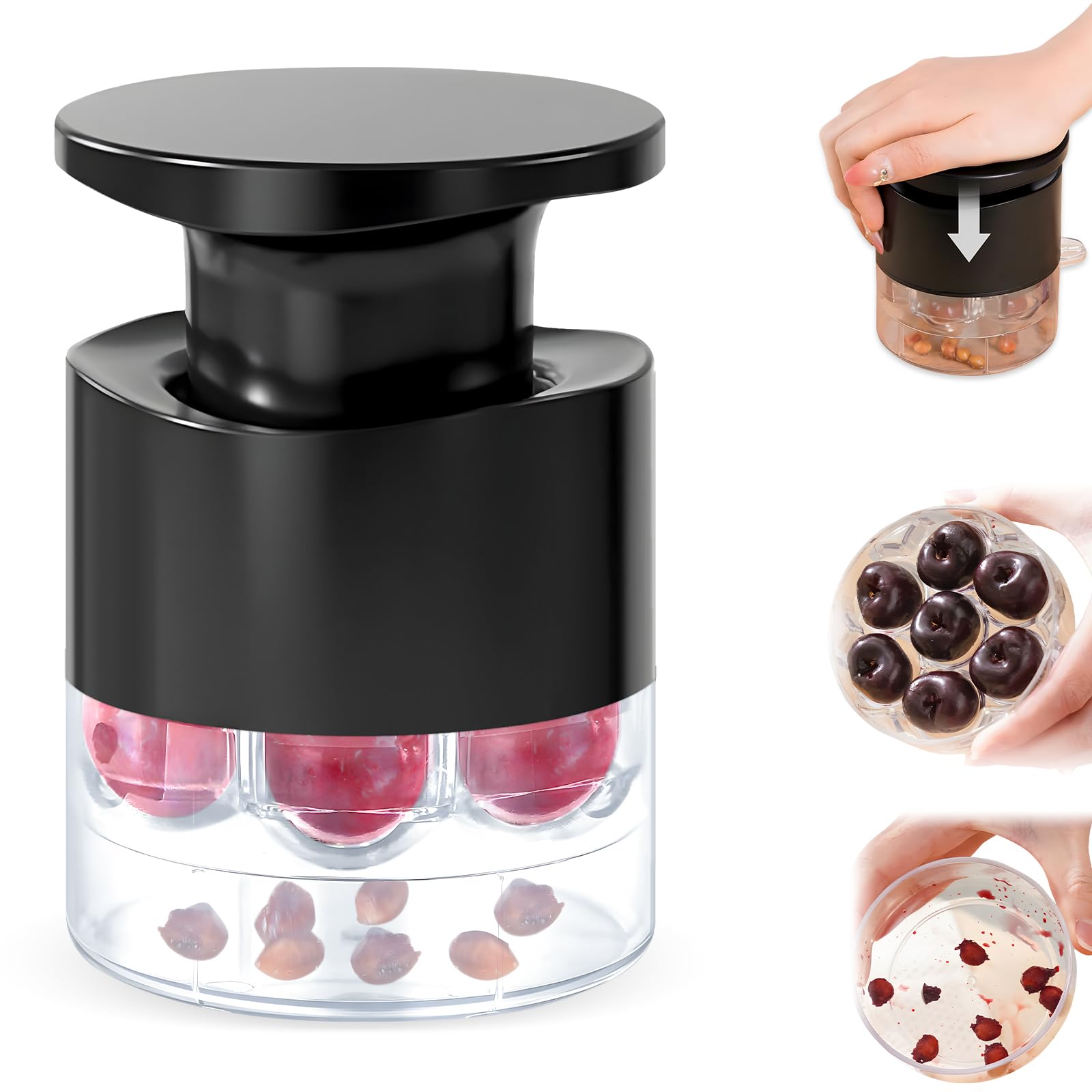 Cherry Pitter, 7-Hole Push-Type Cherry Pitter with Pit Storage Tray, Efficient Pit Removal, Multi-Particle Separator, Fruit Seed Remover Tool (Black)