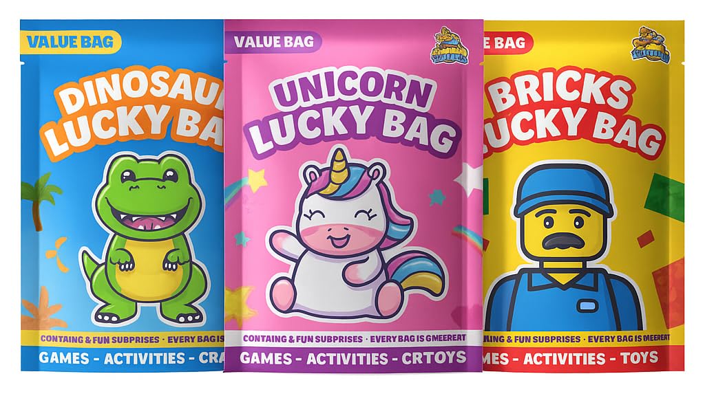 JRose Collections Kids Lucky Bag 3 Pack Set, Dinosaur, Unicorn & Bricks Value Bags with 5 Surprises Each, Toys, Games, Crafts