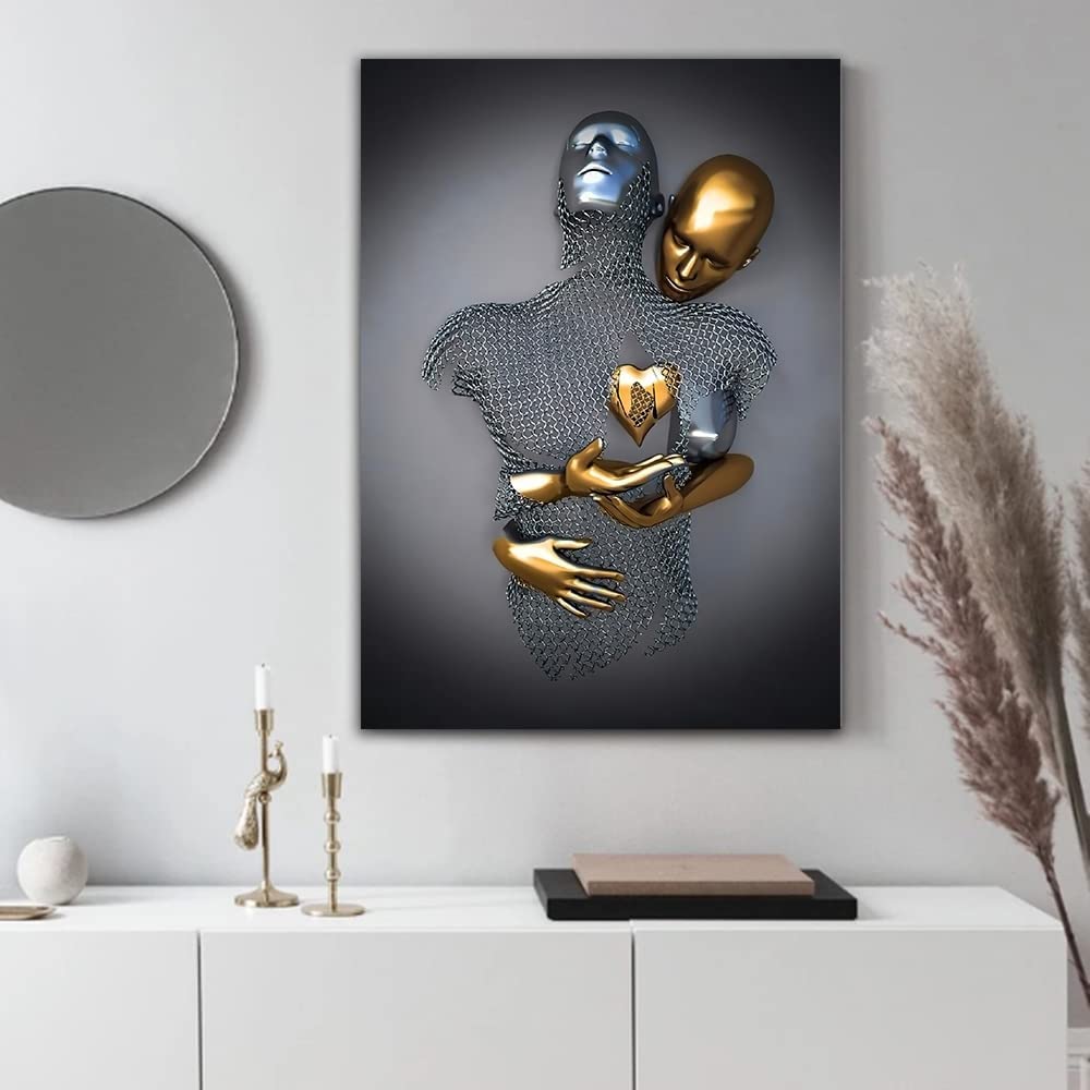 chongjian Liebe Herz 3D Grau Leinwand Wandkunst Moderne Gemälde 3d Abstrakt Umarmung Wanddekoration Schwarz und Weiß Metallfigur Skulptur Effekt Bild Wohnzimmer Dekoration (Gold Mit Rahmen, 16x24in)
