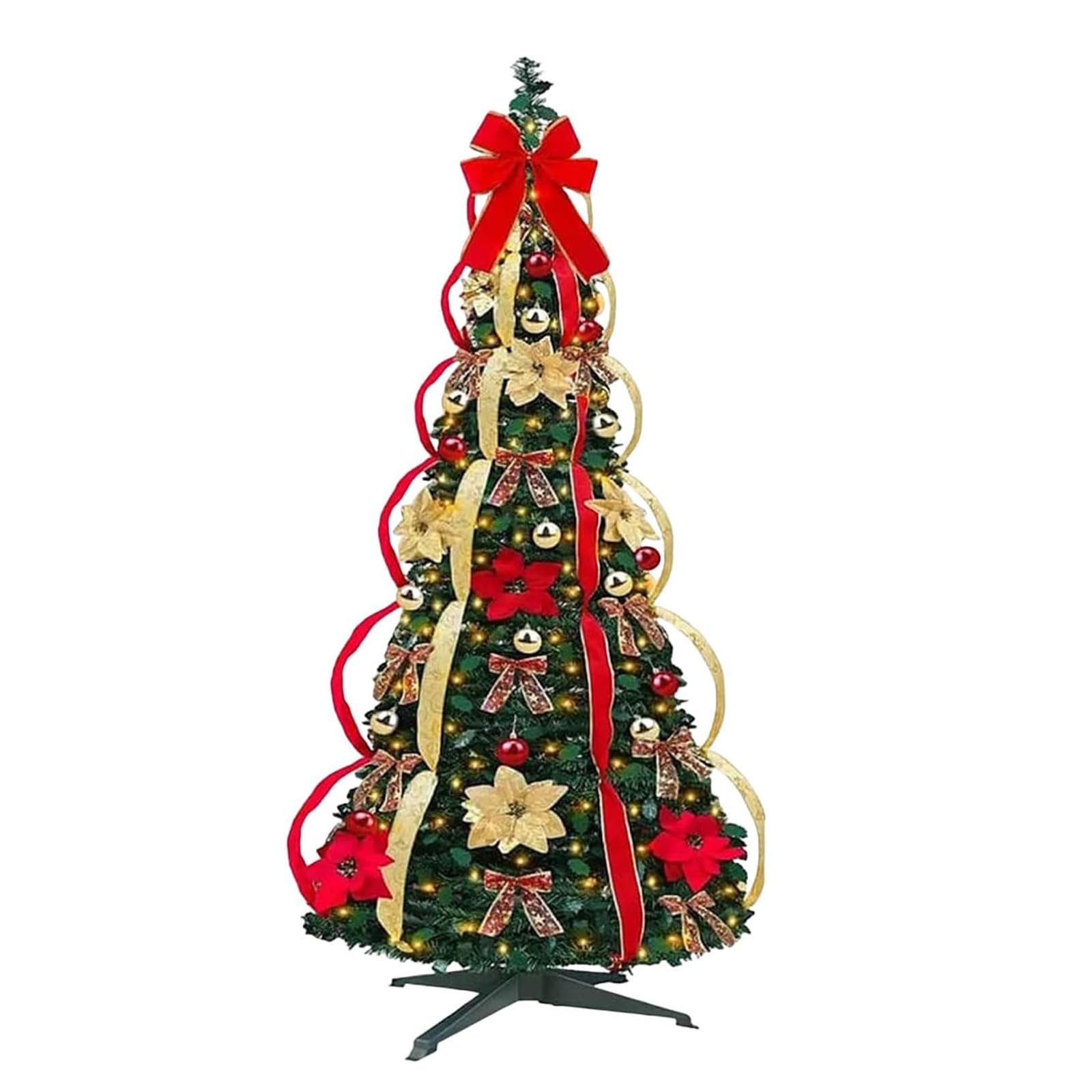 1.2M/1.5M Collapsible Christmas Tree, Pop Up Christmas Tree with lights, Artificial Pull-Up C-hristmas ree with Ribbon, Flowers, Bows, for Christmas Party Decorations (1.2M)