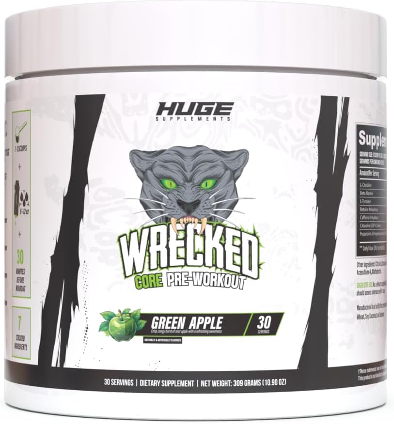 Wrecked Core - All-in-One Pre-Workout Supplement for Men & Women, Increase Energy, Focus & Pumps with L-Citrulline, Beta-Alanine, L-Tyrosine & More (30 Servings) - Green Apple