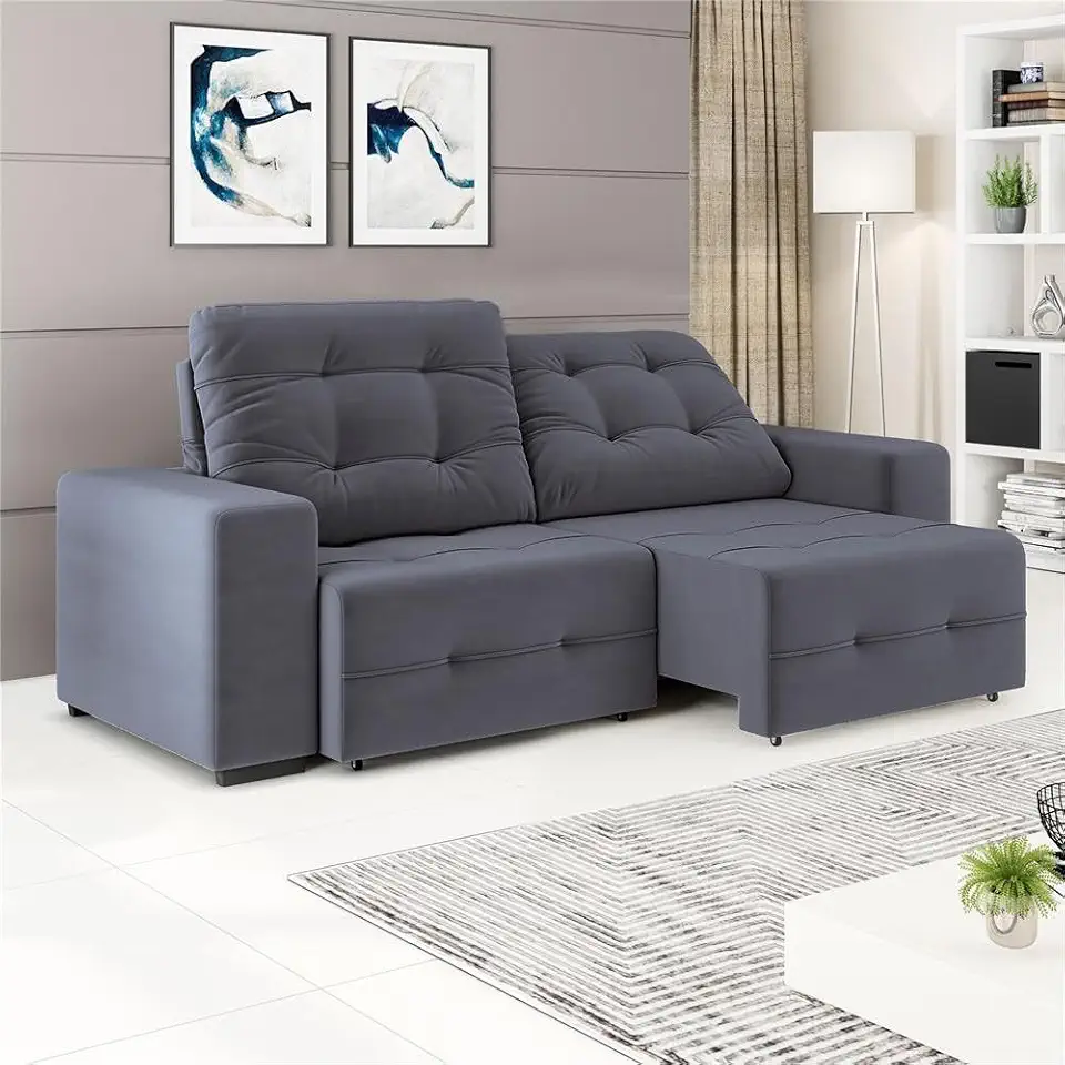 Linoforte Sofá 4 Lugares Bonno com Assento Retrátil e Encosto Reclinável, Tecido Suede, Cinza Cosmo, 230cm