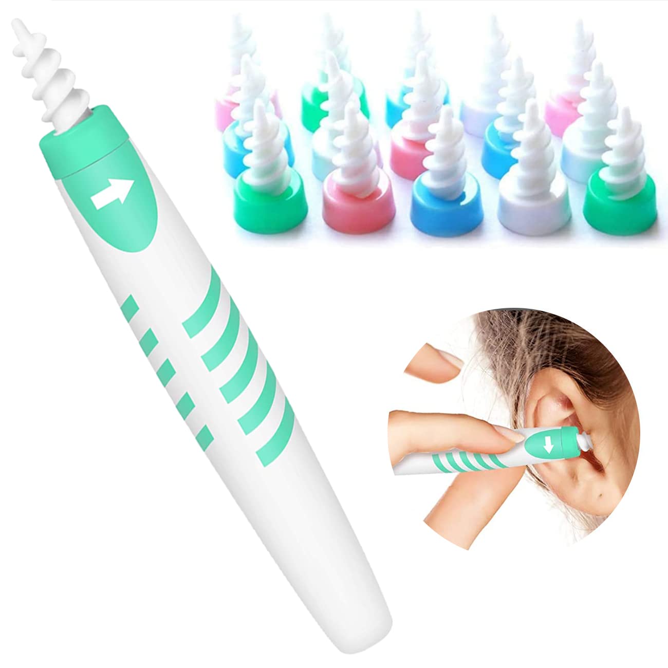 Q Grips Ear Wax Remover,Spiral Ear Wax Removal Tool, Soft and Safe Ear Cleaner, Reusable Spiral Silicone Ear Wax Picker with 16 Replacement Heads, Ear Wax Cleaning Tool for Adult and Kids