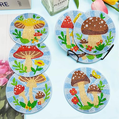 Image of ZTOTZ Diamond Art Coasters Kit with Holders, Mushroom Diamond Painting Coaster Kit for Drinks,DIY 5D Diamonds Dot Coasters Art Supplies for Gift Table Decor(Mushroom,Flowers)