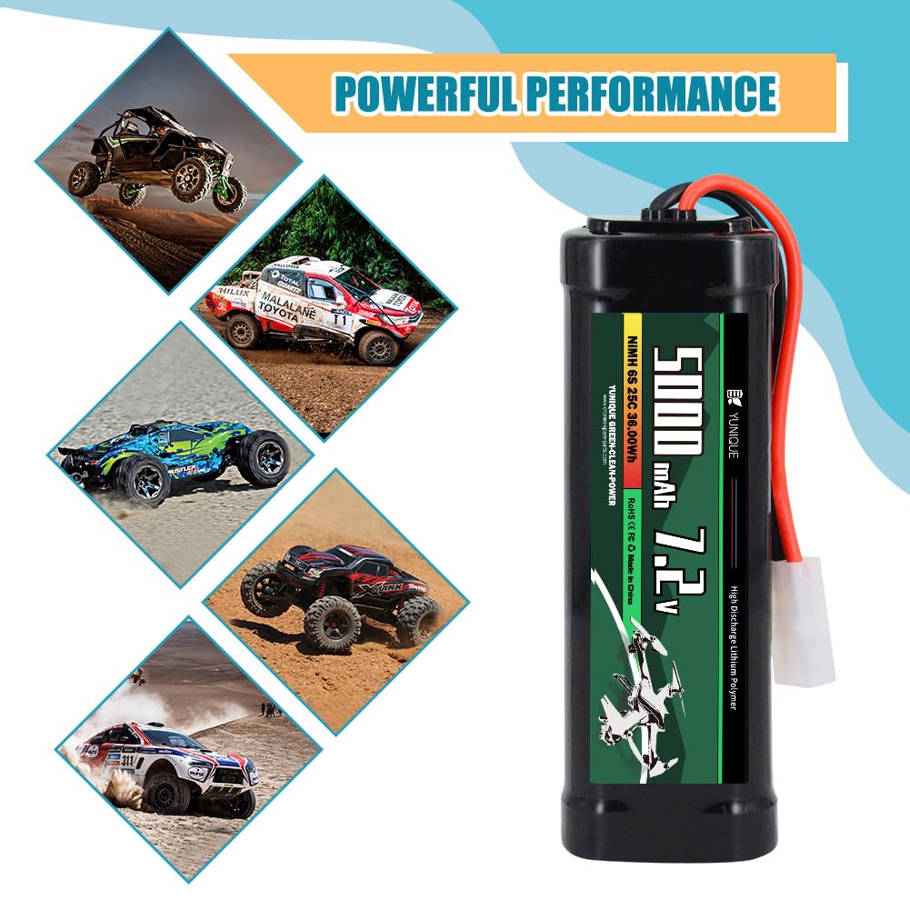 YUNIQUE GREEN-CLEAN-POWER Akumulator NiMH 7,2V 5000mAh z mocowaniem Tamiya i kablem silikonowym - 6 ogniw - Rozmiar 135 x 47 x 24 mm - Duża pojemność dla modeli RC