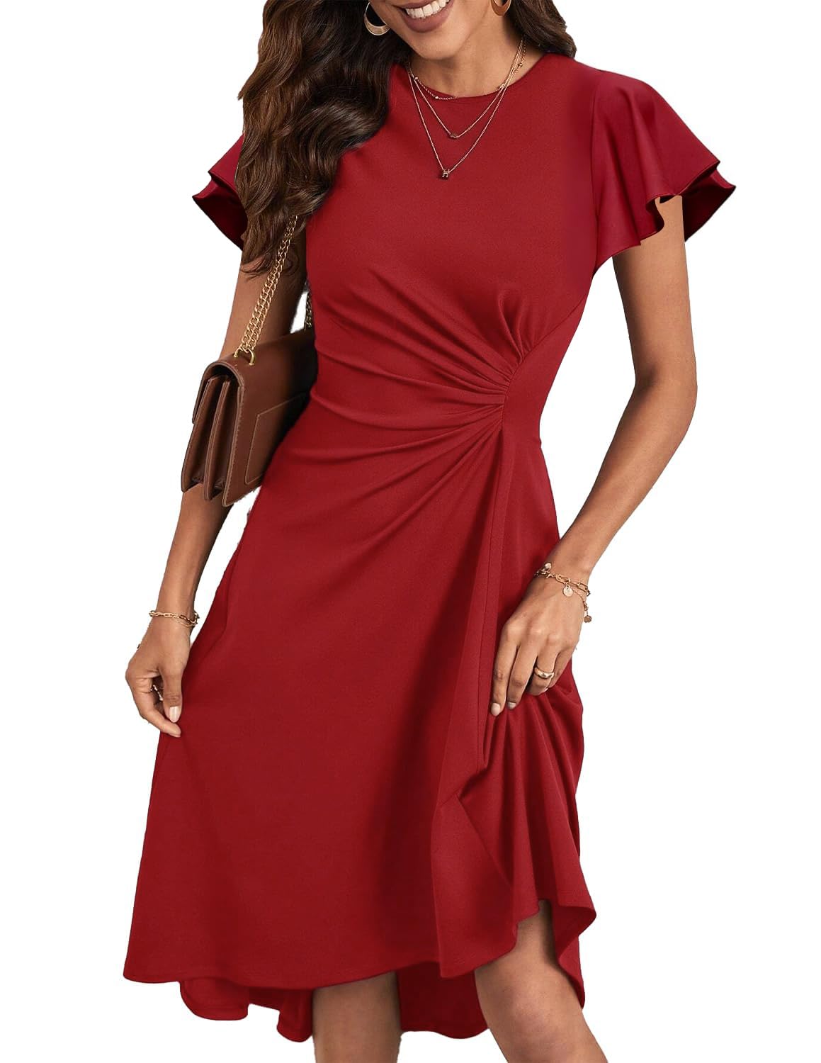 Vestido Mujer Elegante Verano Manga Corta Pliegue en la Cintura Vestido A-línea Coctel Vestidos de Boda Invitada