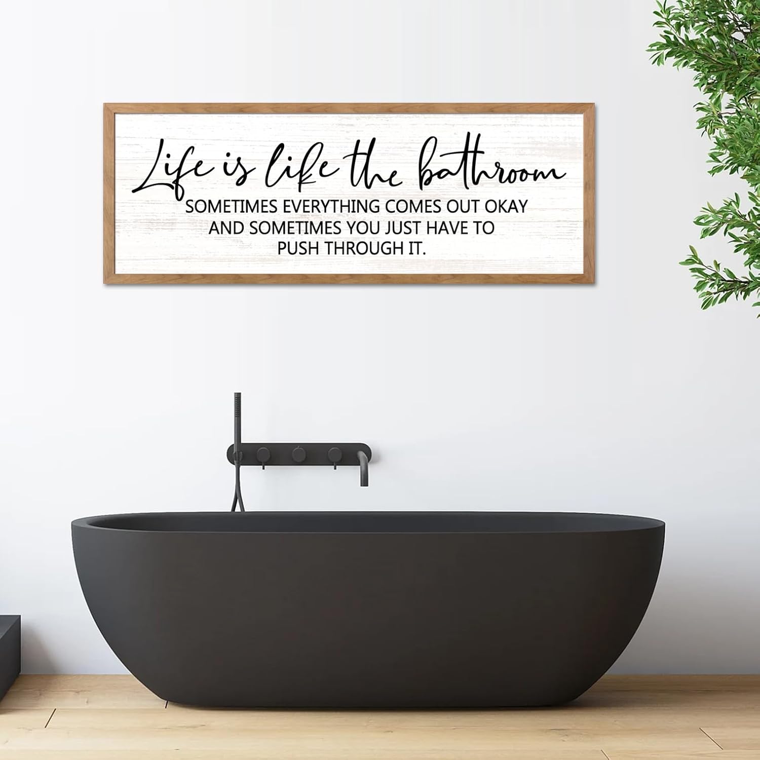 Life is Like the Bathroom Wooden Sign Framed Wall Art, 32''×12'' Horizontal Inspirational Quote Wood Plaque above the Bathtub, Farmhouse Long Motivational Saying Wood Sign Wall Decor for Bathhouse (Life is Like the Bathroom, Natural, 32"x12")